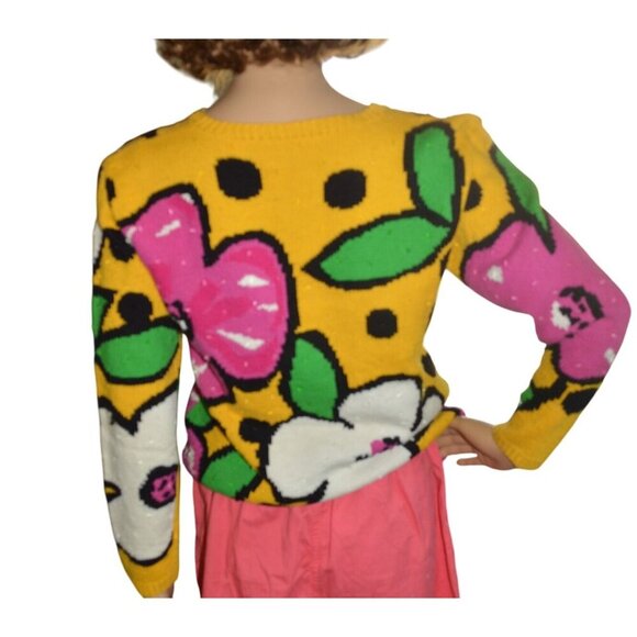 Vintage 90s Bright Bold Funky Knit Flower Sweater Beaded Estimated Womens Medium - Picture 4 of 8